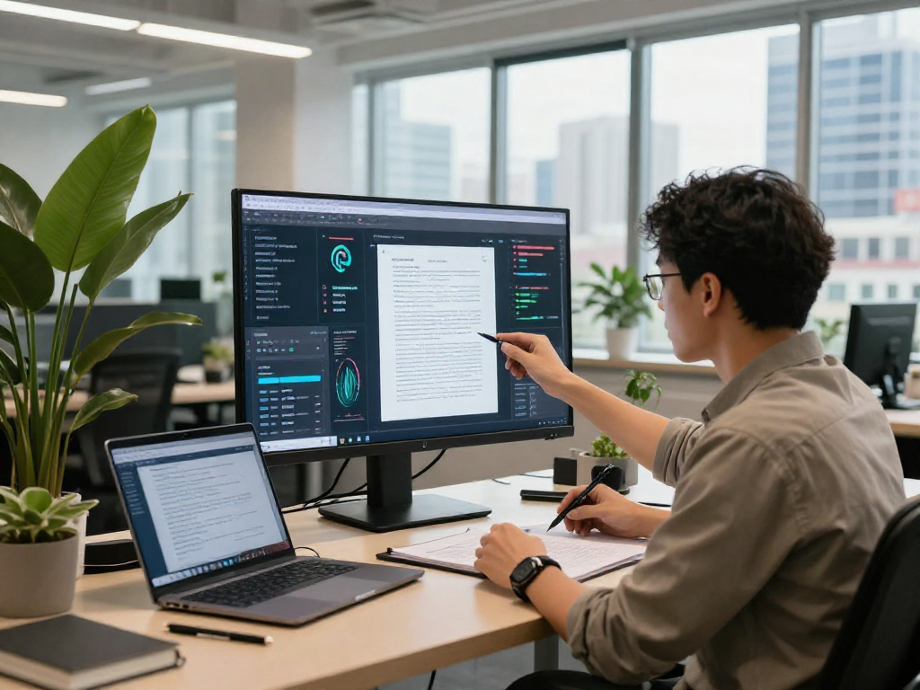 Document fraud detection analysis with a forensic analyst inspecting digital documents in a modern office.