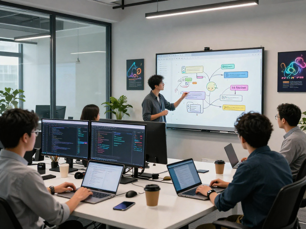 Dynamic collaboration in AI workspace showcasing juicy chat ai development process and brainstorming activities.