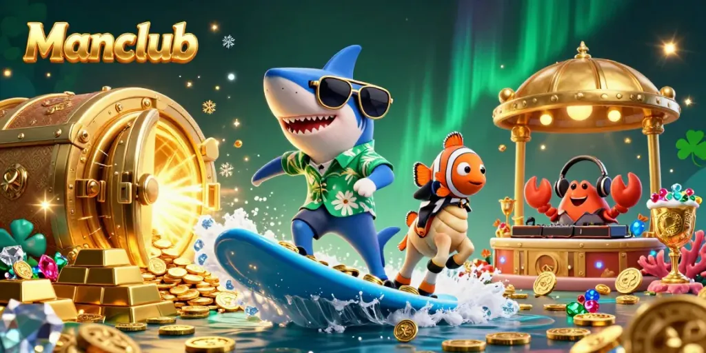 Experience thrilling rewards at Manclub’s dynamic gaming platform featuring animated characters in a vibrant setting.