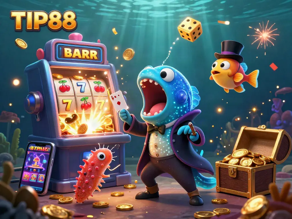 Experience the thrill of TIP88 with a vibrant 3D casino scene featuring exciting games and characters.