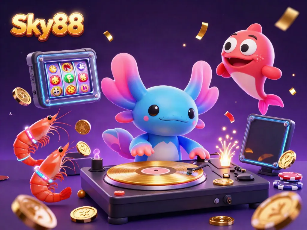 Experience Sky88's vibrant online casino world with a lively axolotl DJ and energetic shrimp dancers.