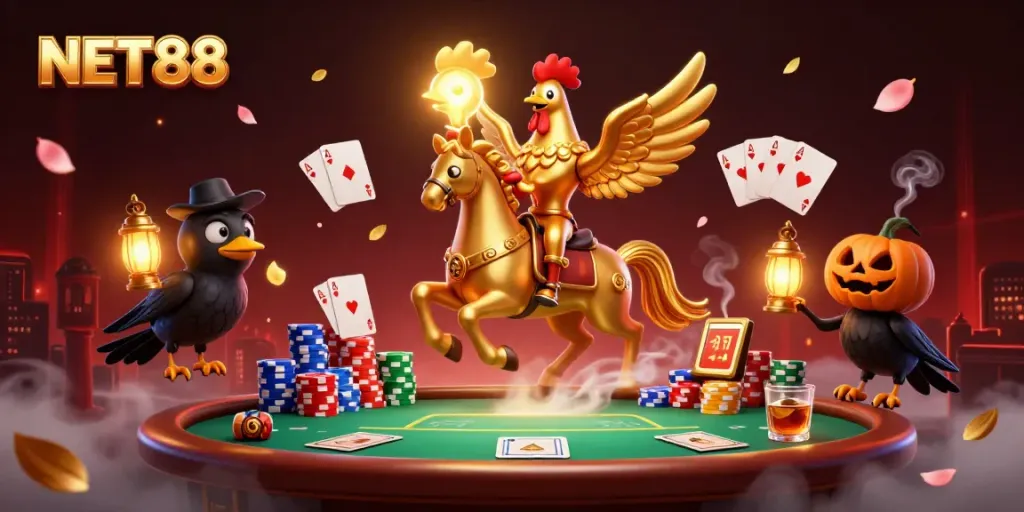 NET88 highlights high-stakes poker in a vivid casino scene filled with dynamic characters.