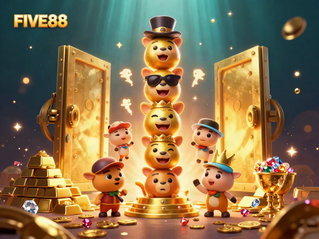 Engage in thrilling casino adventures with FIVE88's vibrant gaming world, showcasing dynamic 3D totem and treasures.