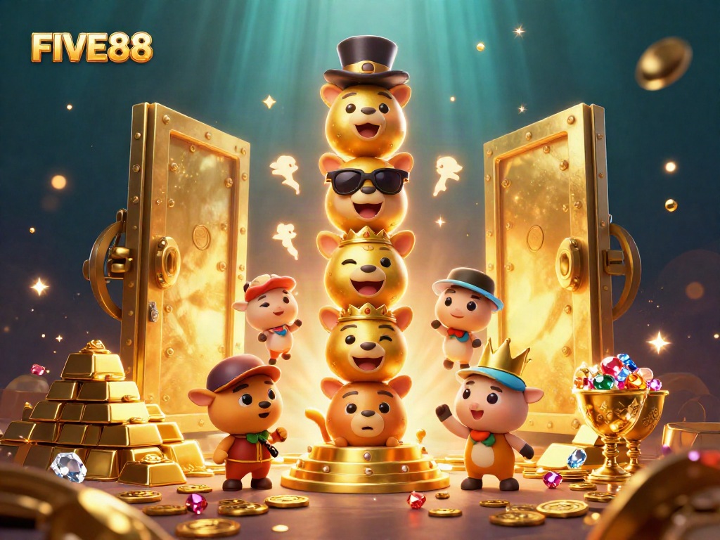 Engage in thrilling casino adventures with FIVE88's vibrant gaming world, showcasing dynamic 3D totem and treasures.