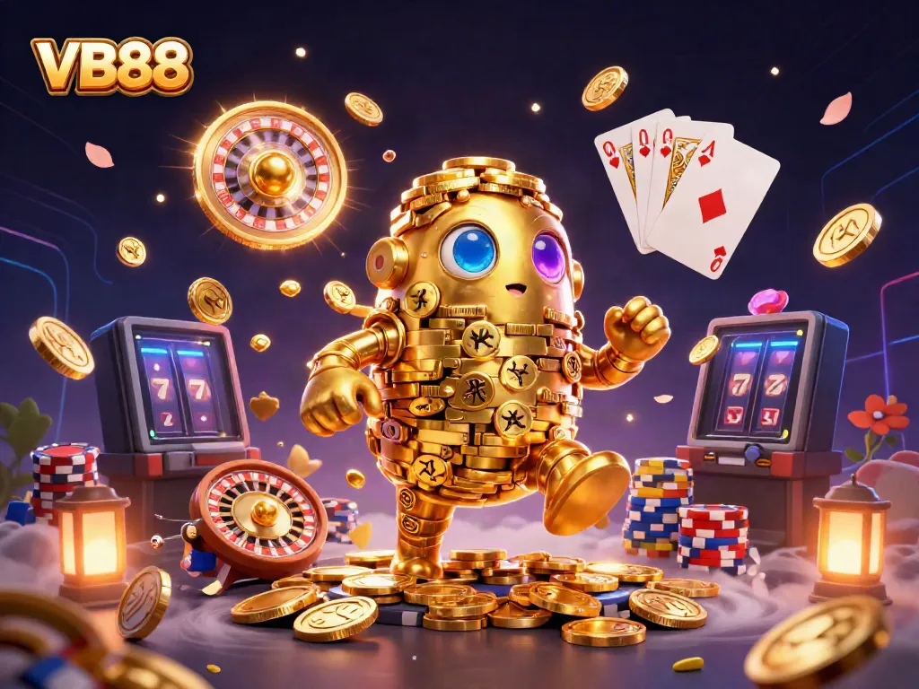 Experience thrilling gaming action with VB88's vibrant 3D casino illustration full of symbols and excitement.