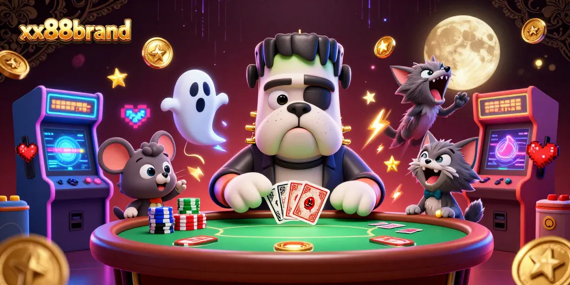 Engage with xx88brand at a vibrant poker scene featuring animated casino elements and playful characters.