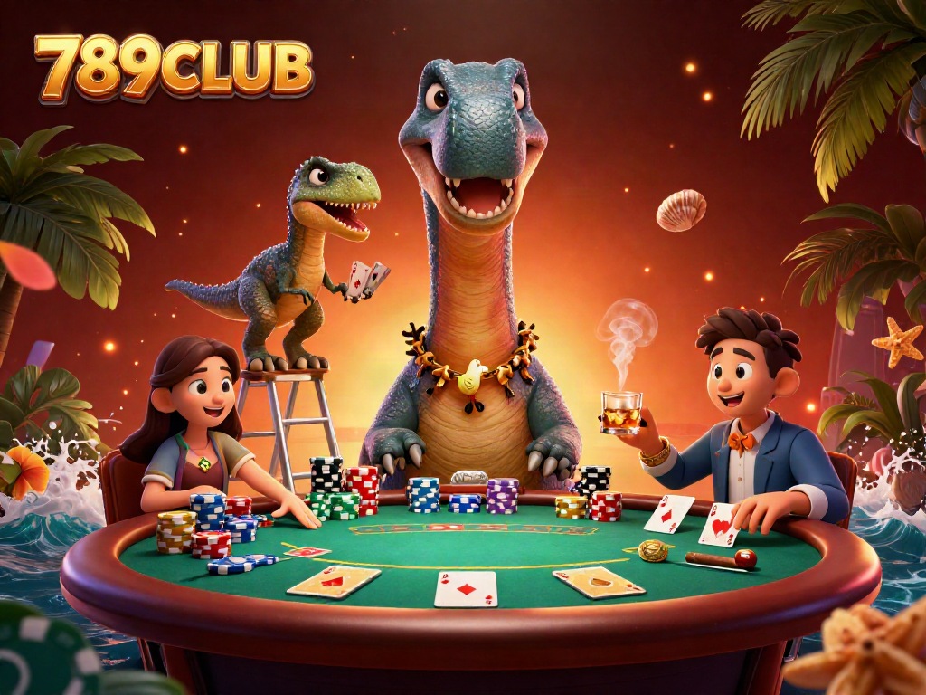 Experience the thrilling world of 789CLUB with a colossal brontosaurus dealer amidst a vibrant casino.