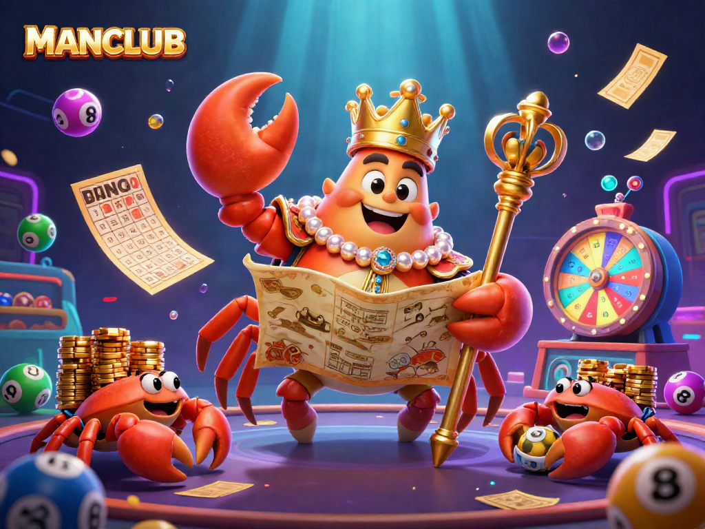 Engage with MANCLUB's vibrant lottery scene featuring a golden crab surrounded by dynamic gambling elements.