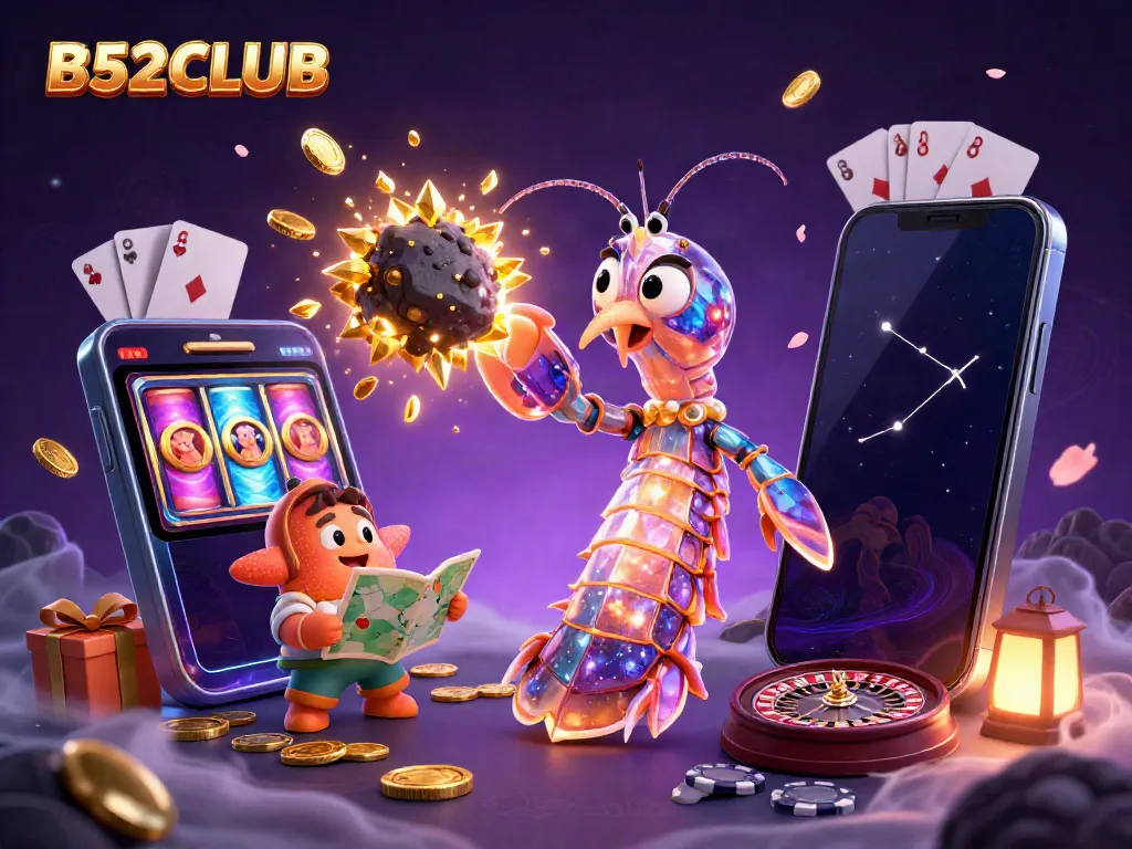 B52CLUB showcases an explosive gaming adventure with vibrant gems and coins erupting from a cosmic casino scene.