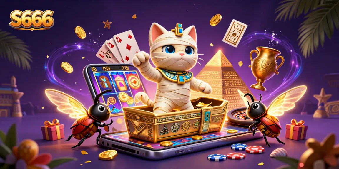 S666 showcases a vibrant scene with an Egyptian mummy cat in a pyramid casino, highlighting gaming excitement.