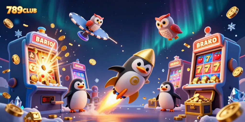 Experience the exhilarating adventure in 789CLUB with a golden penguin racing through a dazzling cosmic casino.