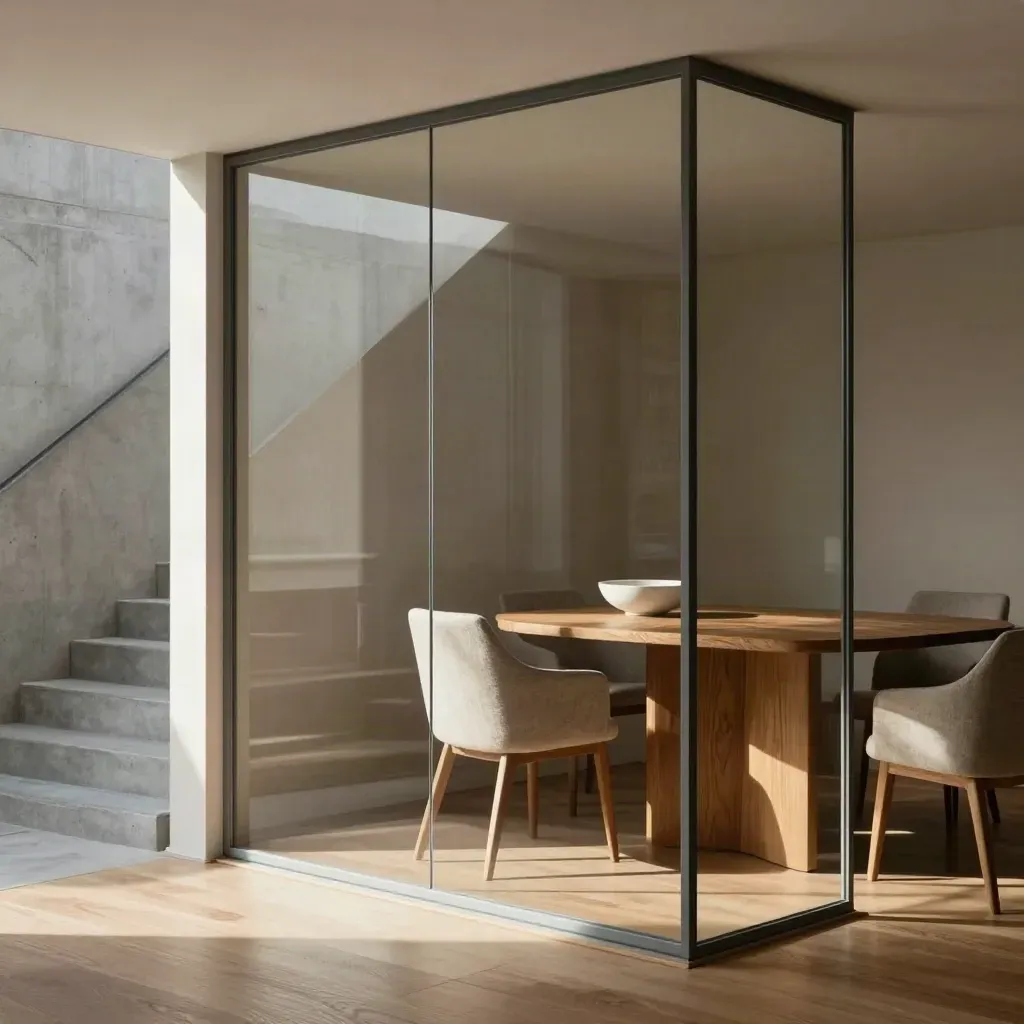 Partizione vetrata fissa in un interno luminoso con legno di rovere e scala in cemento.