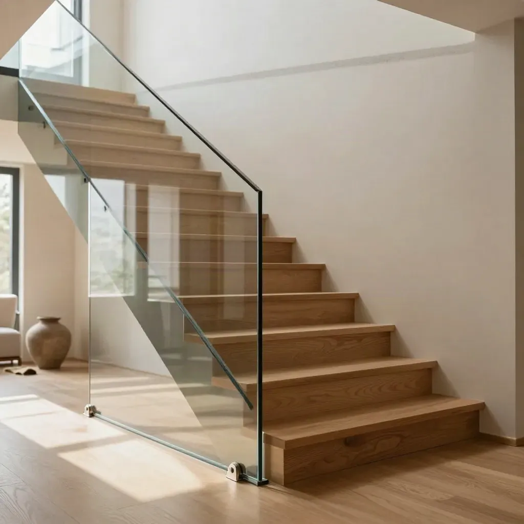 Parapetto in vetro trasparente su scala in rovere in un duplex luminoso, con pareti chiare.