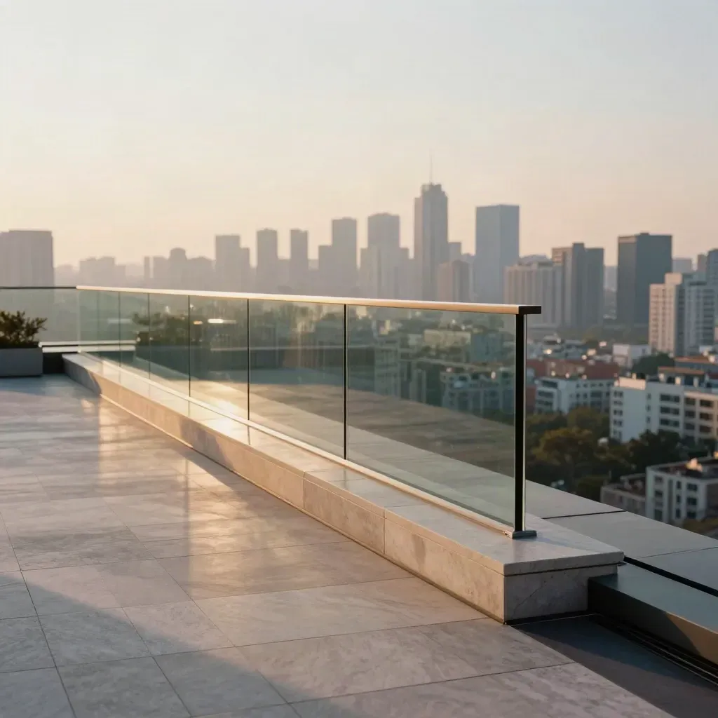 Parapetto in vetro senza telaio su attico, terrazzo in pietra chiara e skyline lontano.