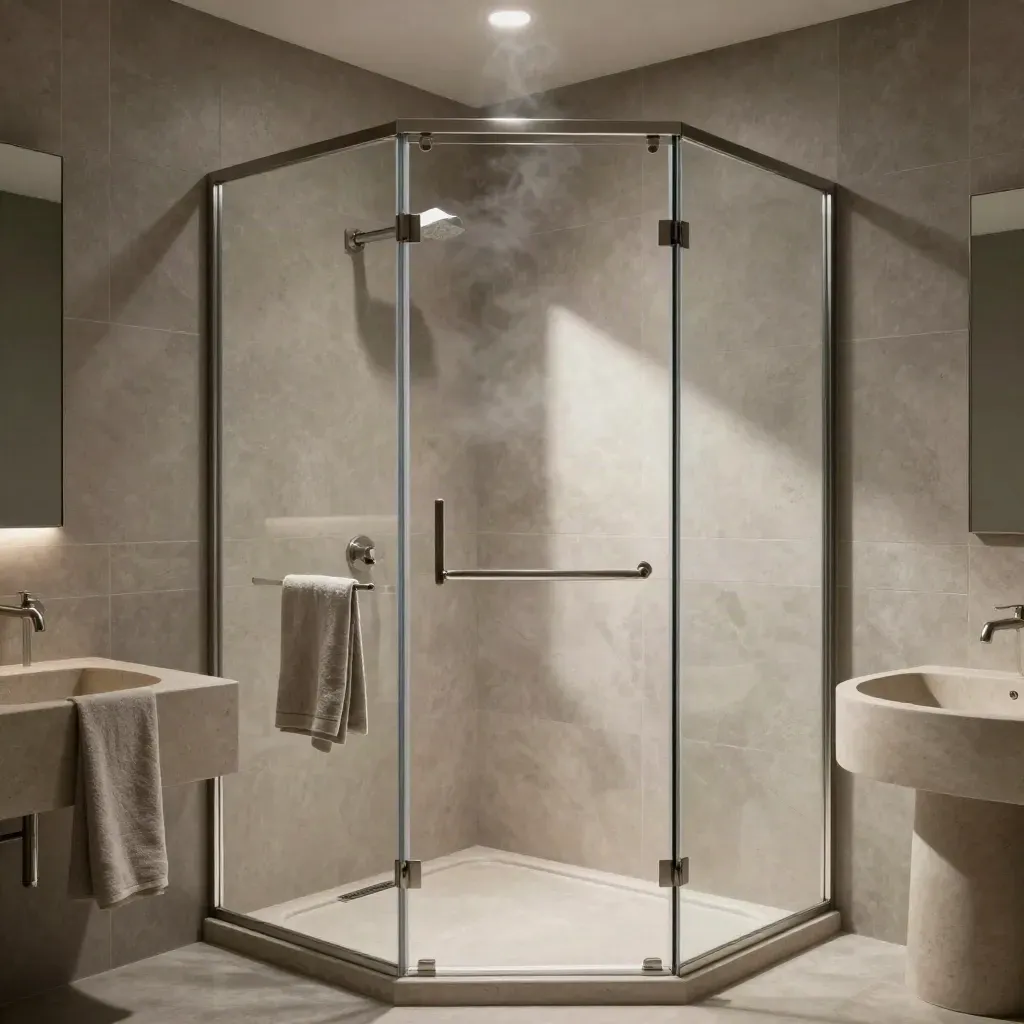 Box doccia frameless in bagno compatto in pietra, vetro pulito e vapore lieve.