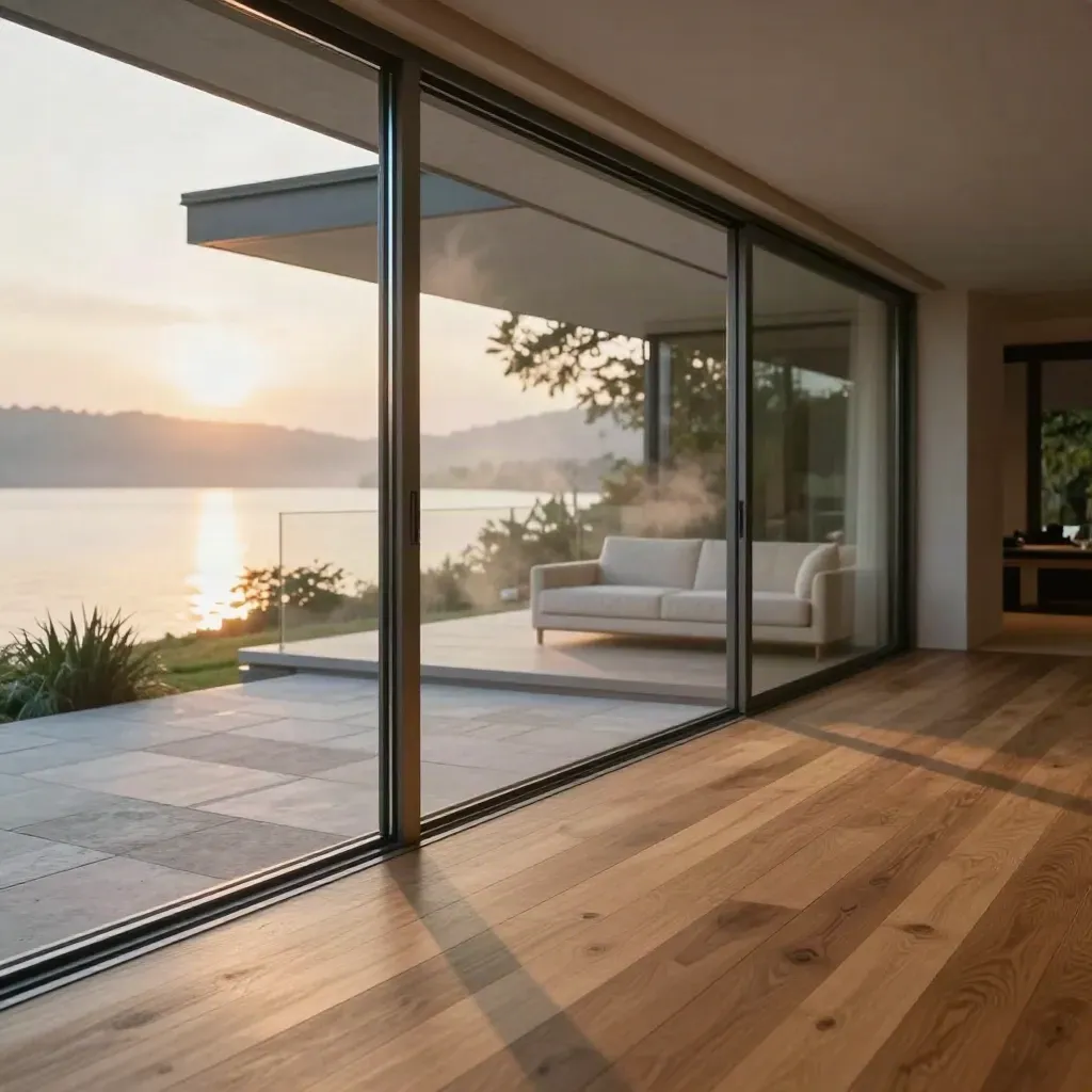 Vetrata scorrevole aperta su soggiorno vista lago e terrazza al tramonto.