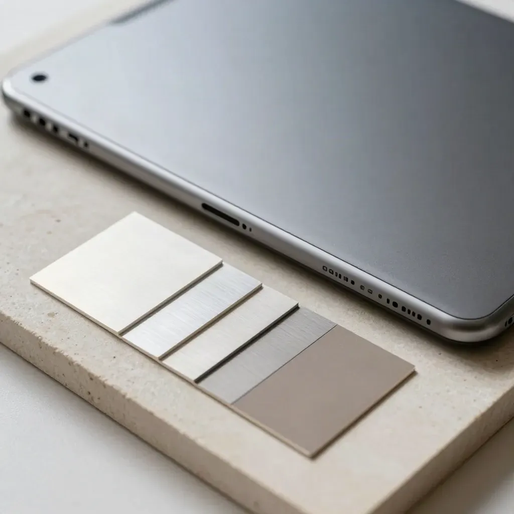 Flat lay macro di tablet chiuso, campioni anodizzati e schede campione su pietra chiara.