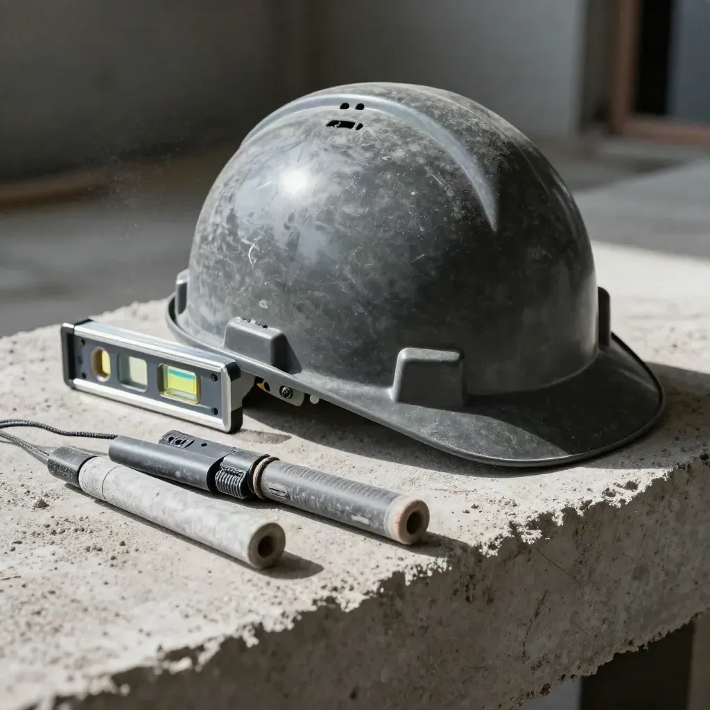 Casco grafite, livella magnetica e corde da traccia su un bordo di cemento grezzo.