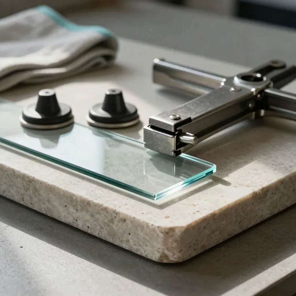 Offcut in vetro, morsetto inox e ventose su banco di lavoro, luce morbida e polvere di vetro.