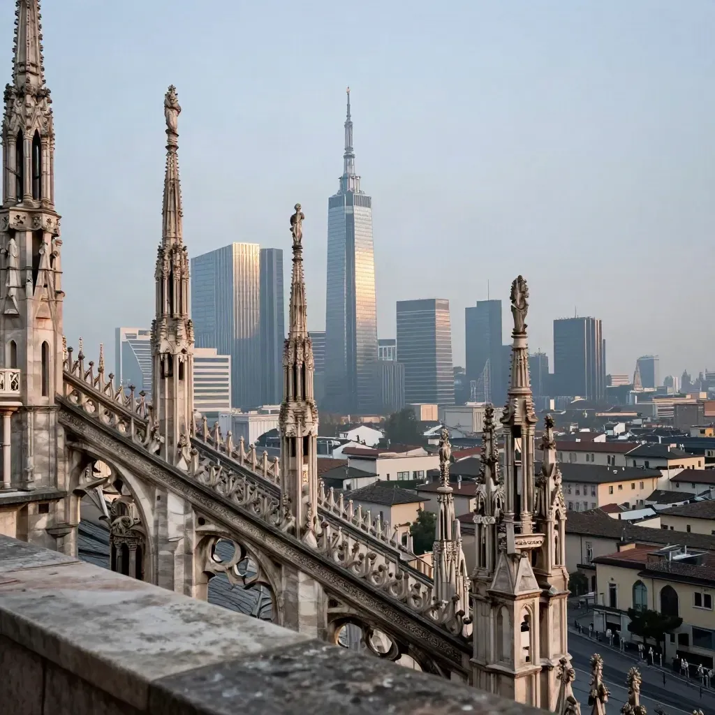 Skyline di Milano con guglie del Duomo tra tetti chiari e foschia post-pioggia.