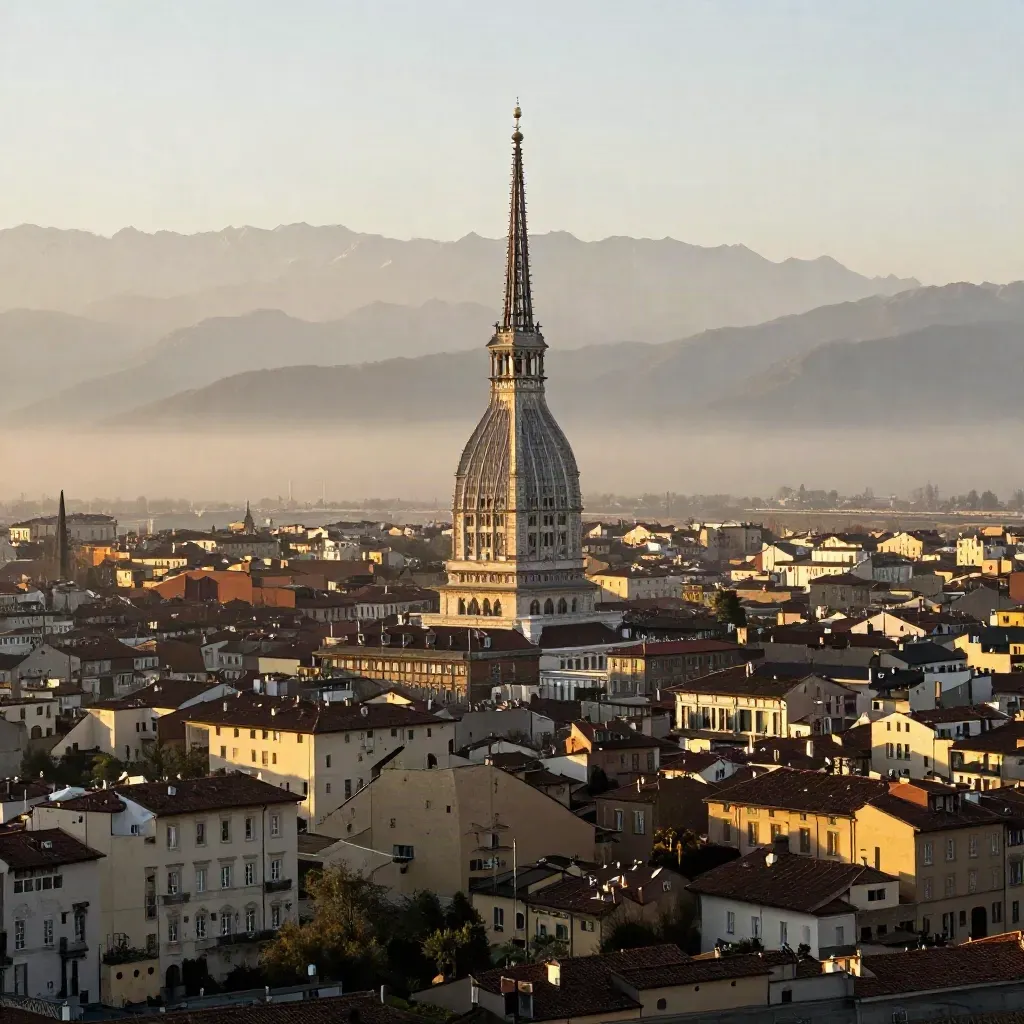 La Mole Antonelliana sopra Torino al tramonto dorato con nebbia bassa.
