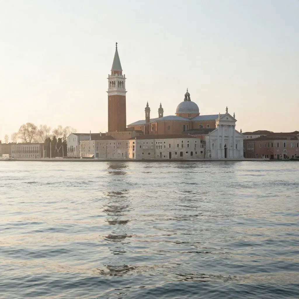 Campanile di Venezia sopra la laguna calma all’alba, con riflessi e foschia salmastra.