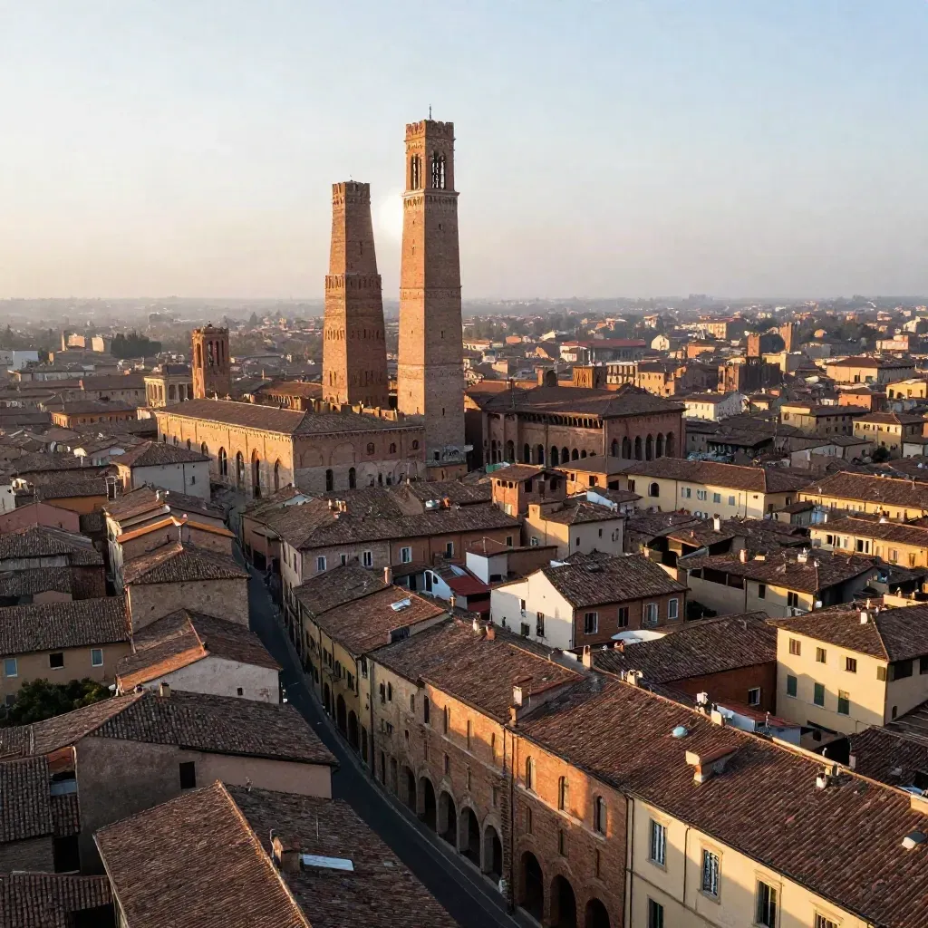 Le Due Torri di Bologna sopra la pianura emiliana, tra arcate in terracotta e foschia dorata.