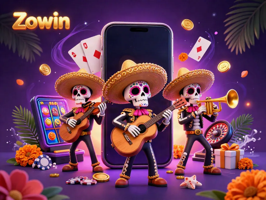 Engage in winning spins and thrills at Zowin, illustrated with vibrant mariachi skeletons and casino elements.