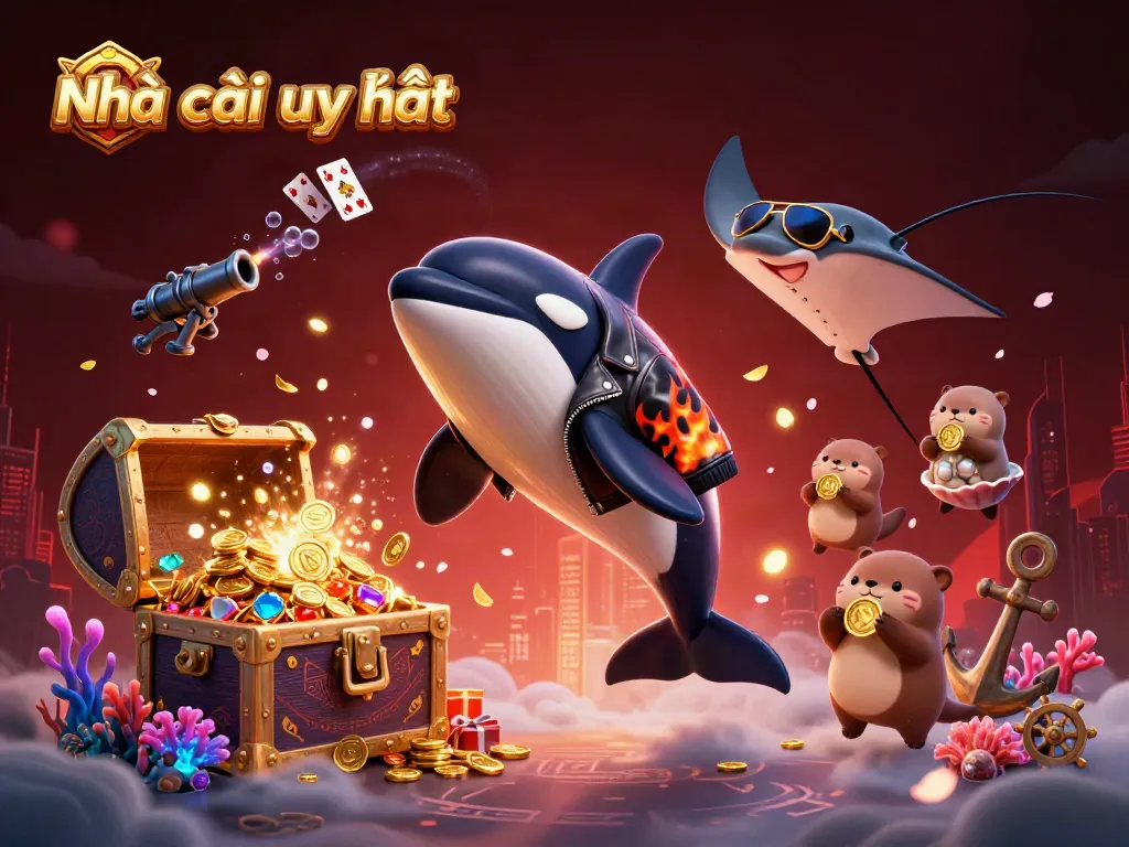 Engaging scene illustrating Nhà cái uy tín with cartoon characters and gold coins in a vibrant casino-like setting.