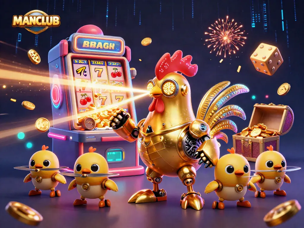 Engage with the MANCLUB experience in this vibrant casino illustration bursting with slot machine excitement and futuristic robot characters.