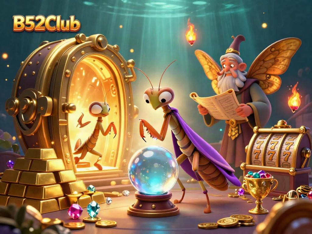 B52Club gaming adventure with a fortune teller, librarian, and vibrant casino elements, capturing the thrill of winning.