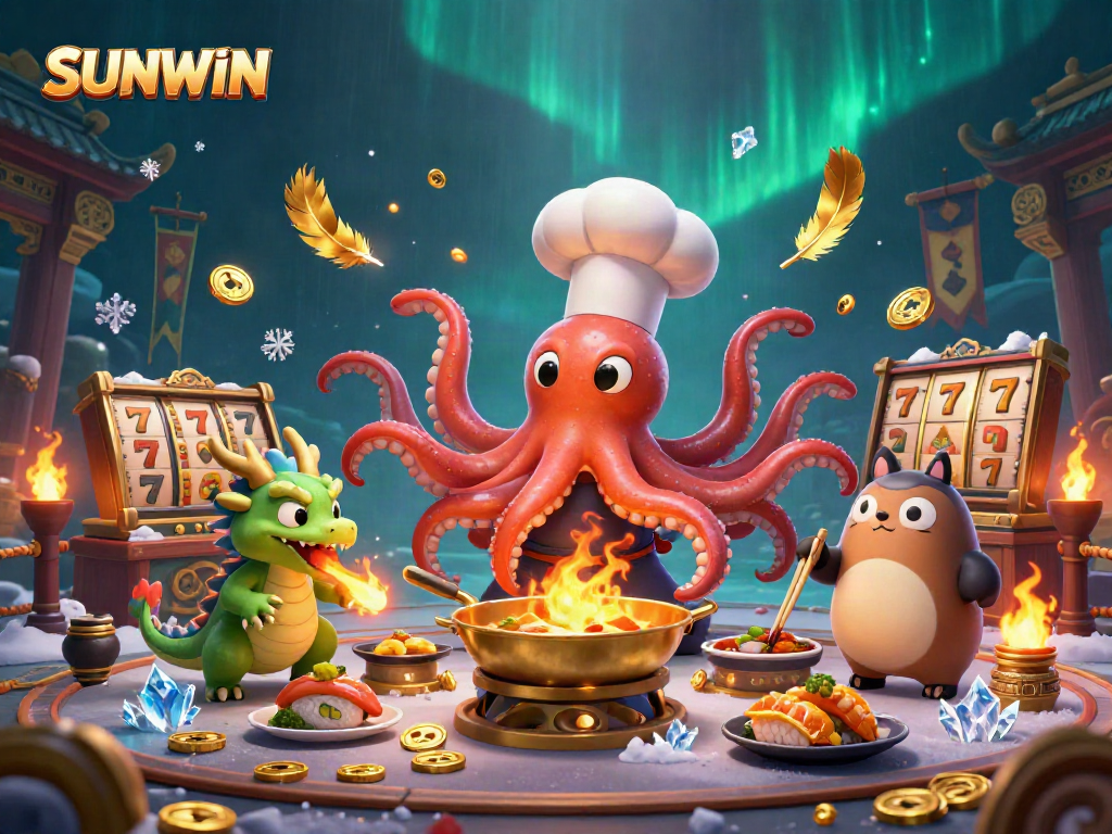 SUNWIN's vibrant casino scene featuring a sushi chef octopus, dragon, and tanuki in action.