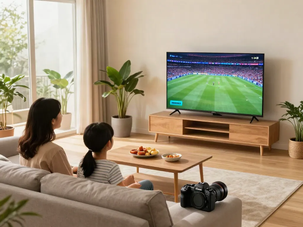 Family enjoying abbonamento iptv in cozy living room with smart TV.
