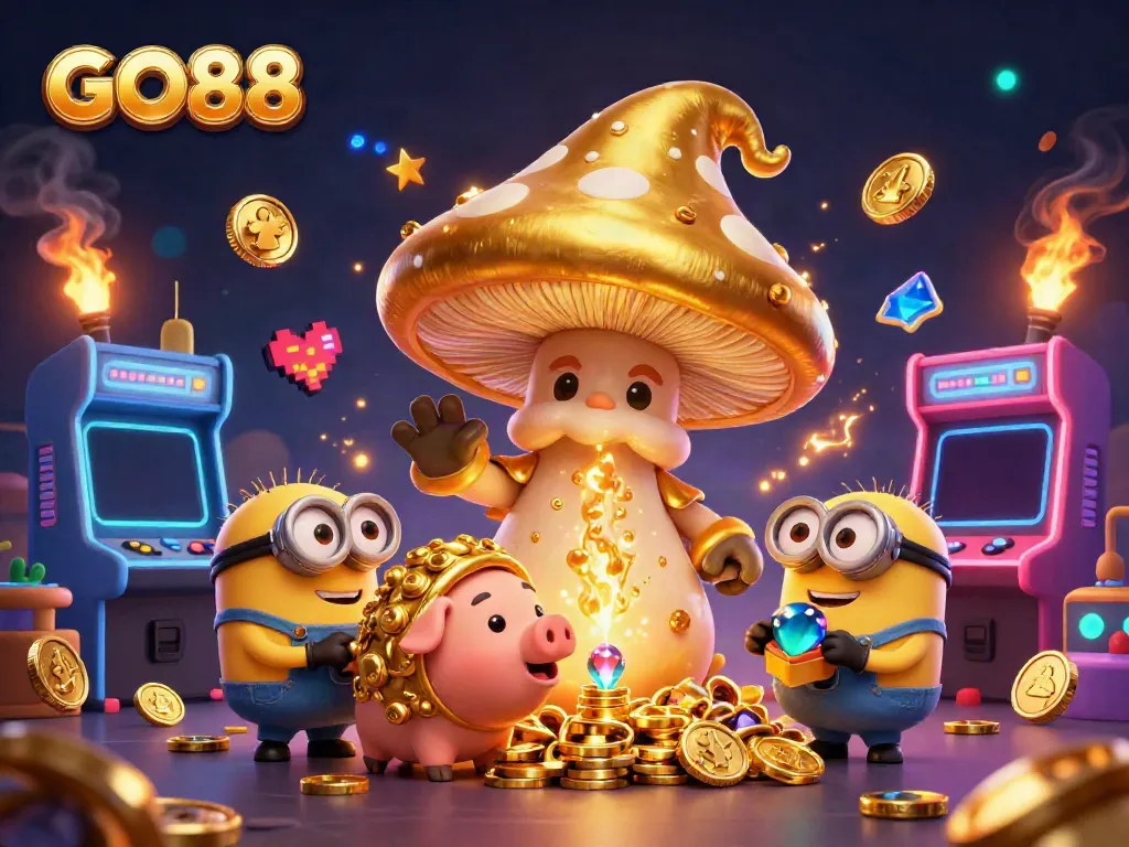 Experience GO88's magical gaming realm with golden characters, arcade machines, and vibrant animations.