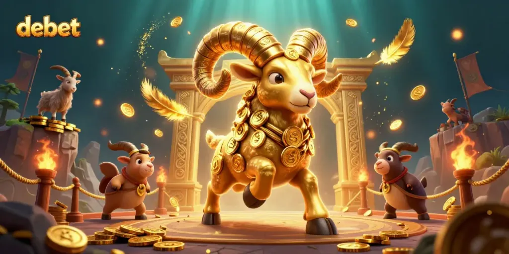 Play exciting games at debet, featuring a golden ram charging through a dynamic casino arena.