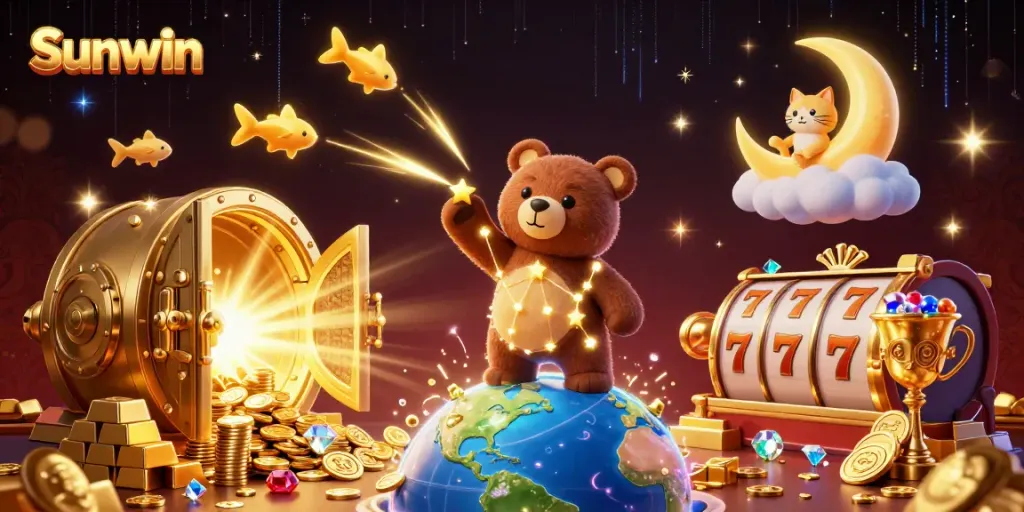 Join the excitement at Sunwin, featuring vibrant 3D visuals of casino elements and characters in a magical atmosphere.