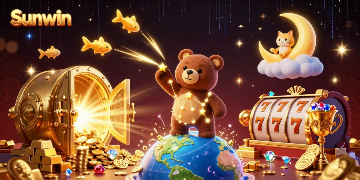 Join the excitement at Sunwin, featuring vibrant 3D visuals of casino elements and characters in a magical atmosphere.