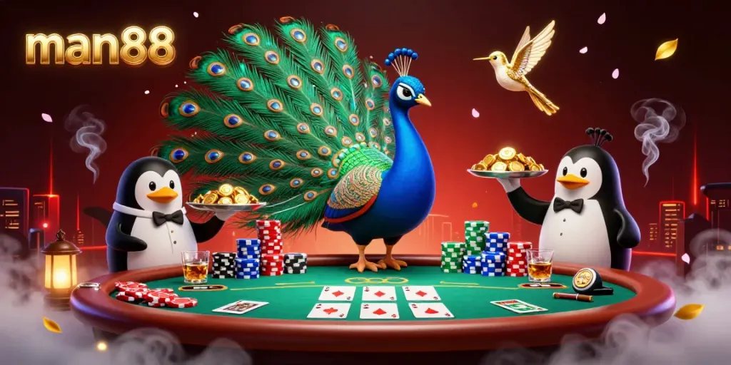 Experience the thrill of gaming with man88's vibrant casino illustration featuring dynamic characters and rich game elements.