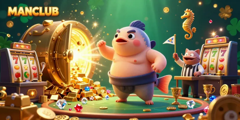 Engage with MANCLUB in this vibrant underwater casino featuring a cartoon fugu and slot machines.
