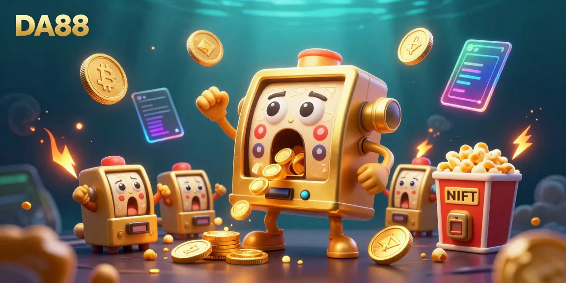 Experience the thrill of DA88 with a jubilant golden slot machine jackpot scene, cheerfully surrounded by crypto elements.