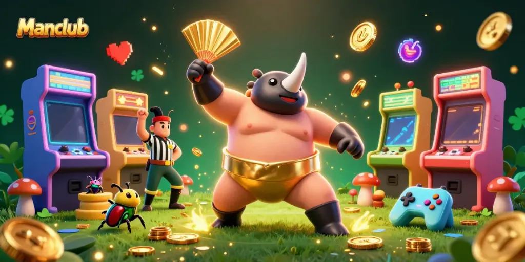 An exhilarating scene showcasing a Manclub-themed casino, featuring a sumo beetle champion amidst flying coins and dynamic game elements.