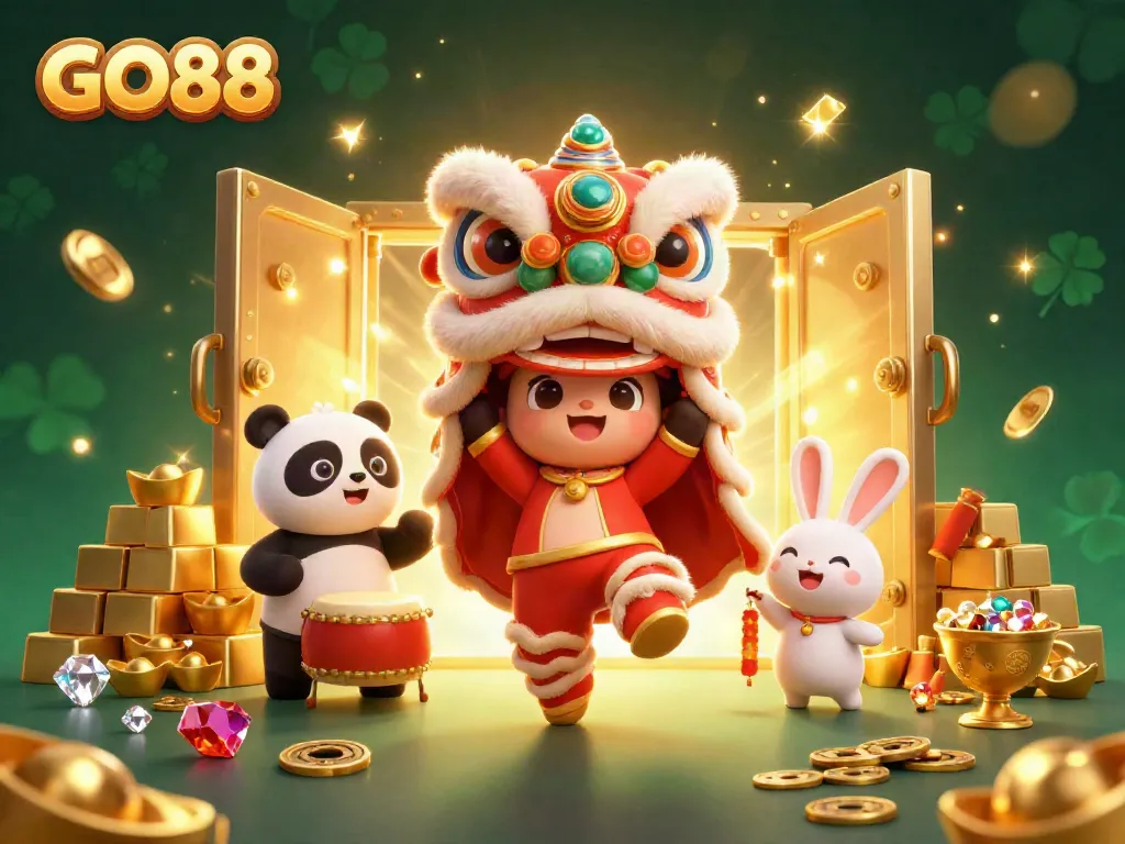 GO88 presents a vibrant casino scene with a lion dance, treasure, and festive elements.