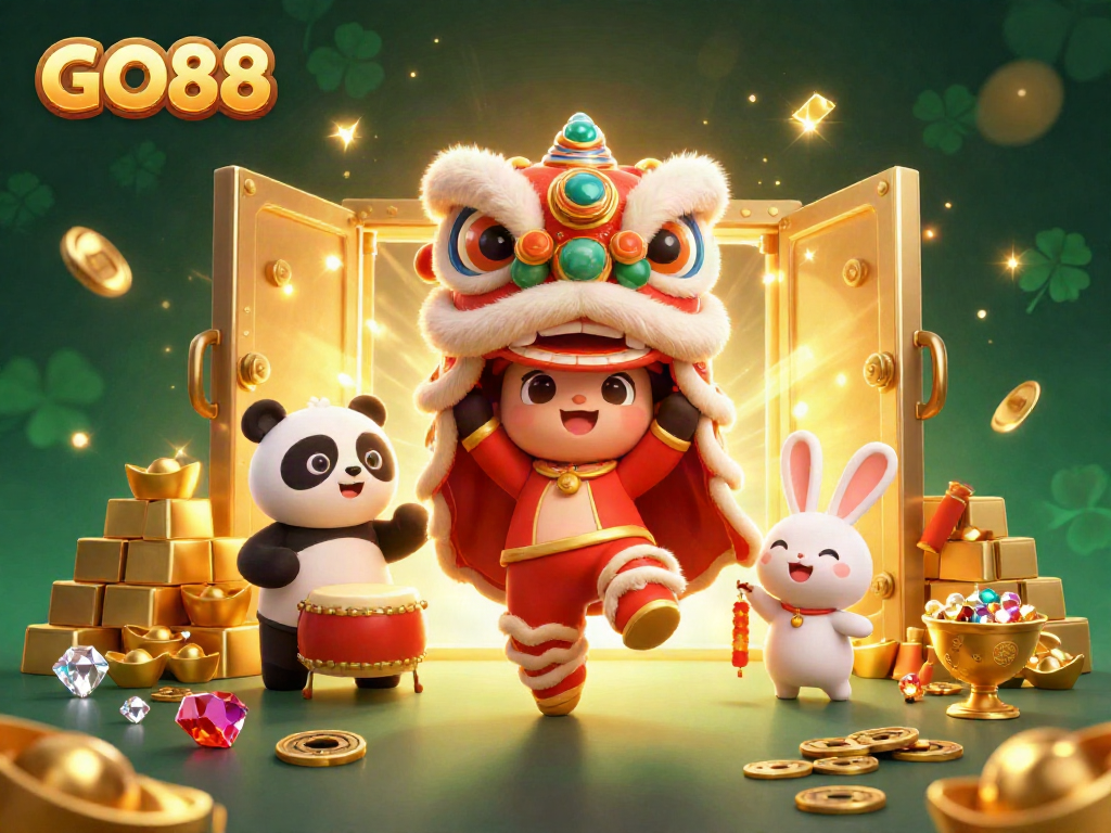 GO88 presents a vibrant casino scene with a lion dance, treasure, and festive elements.