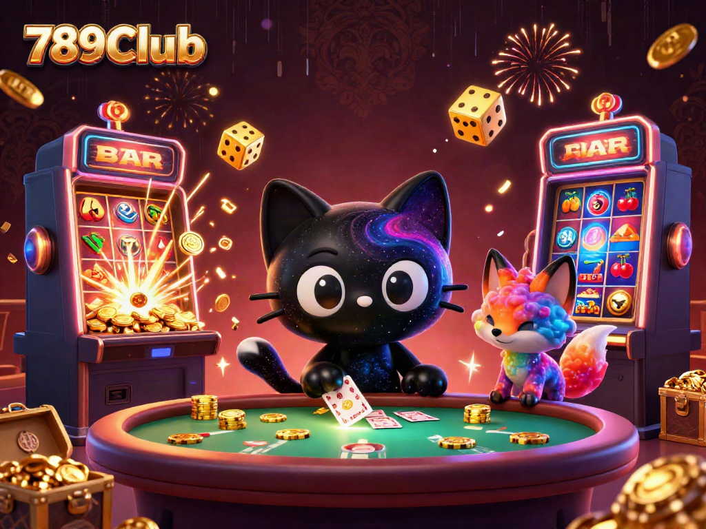 Experience gaming excitement at 789Club with vibrant cosmic-themed casino elements and characters.