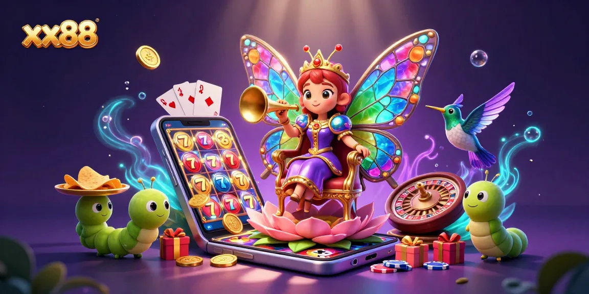 Spin winning reels at xx88 Casino with a vibrant butterfly queen and playful game elements.