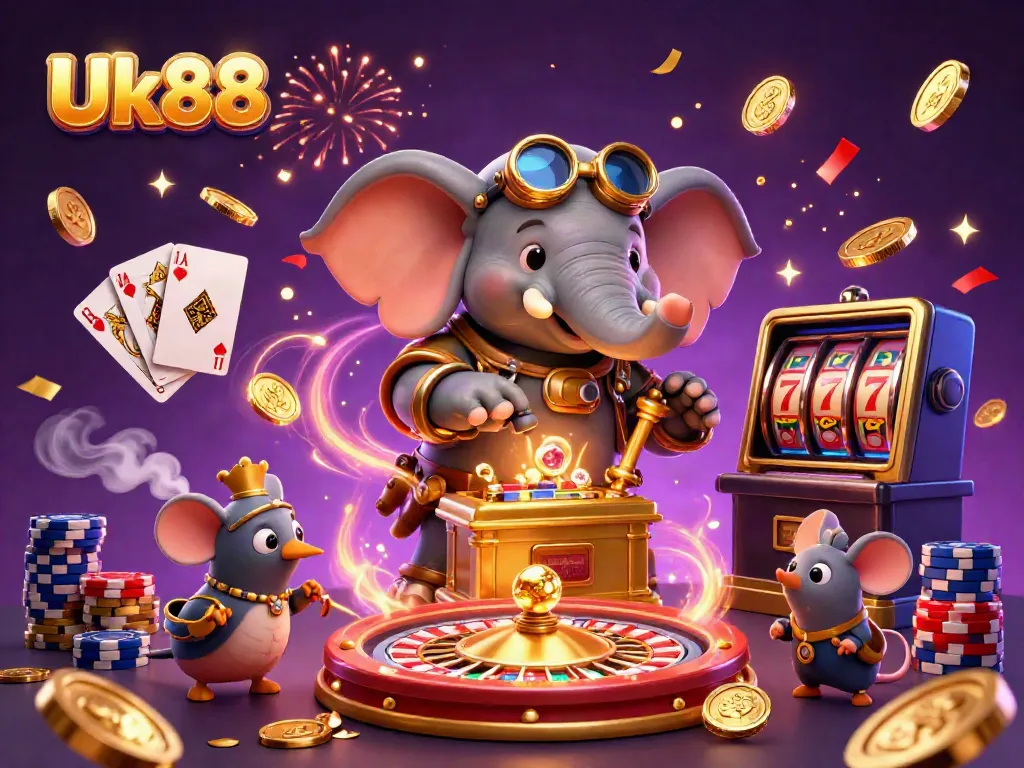 Experience thrilling gambling excitement with Uk88 featuring a steampunk elephant at a vibrant casino.