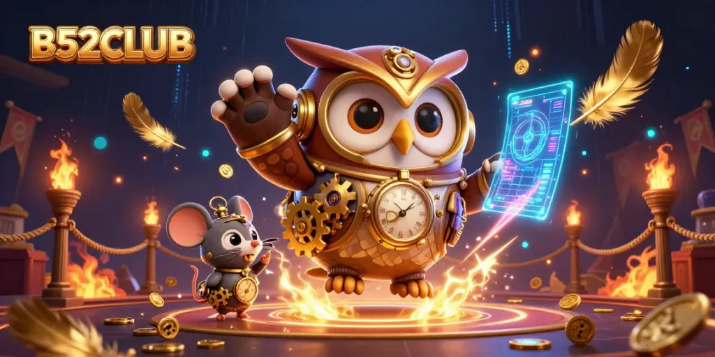 B52CLUB showcases a whimsical steampunk-themed casino adventure featuring a time-traveling owl, golden elements, and gaming tokens.